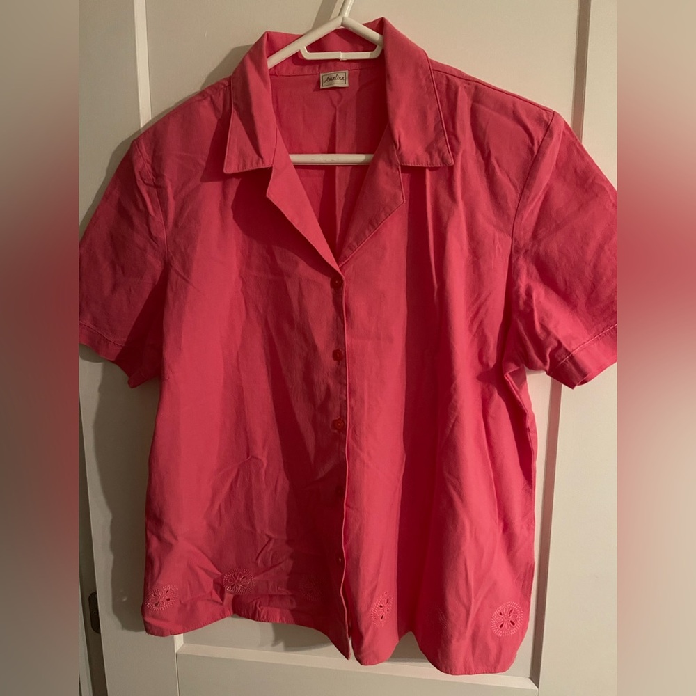 Pink Button-Up Women's Top with Open-Work Detail Along The Bottom